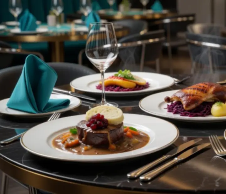 Servírované hlavní chody v moderní restauraci Cezia Club